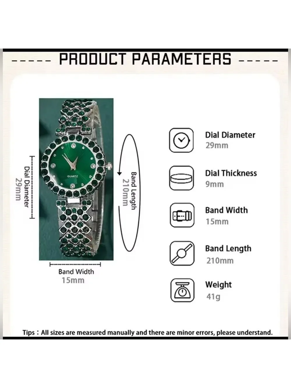 Elegant Green Rhinestone Hearts & Silver Women's Jewelry Set of 5- Quartz Watch